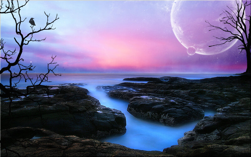 Purple moon over rocky shore