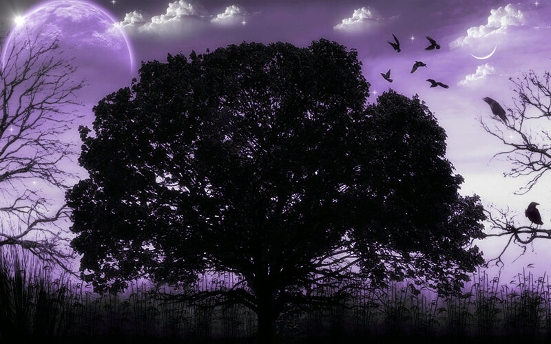 Purple moon over silhouetted tree