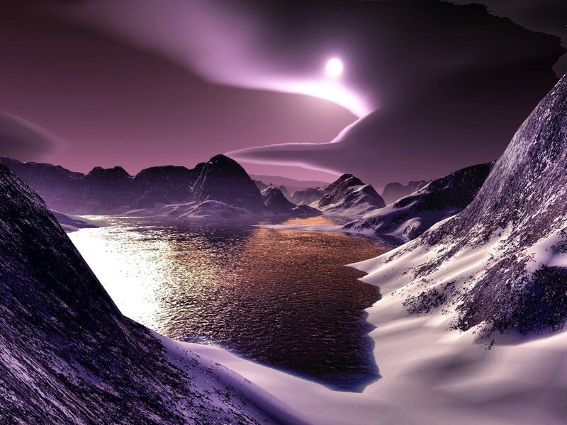 Purple moon over snowy valley