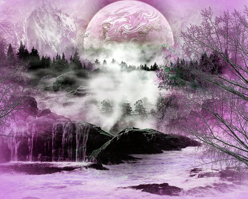 Purple Moon over Waterfall