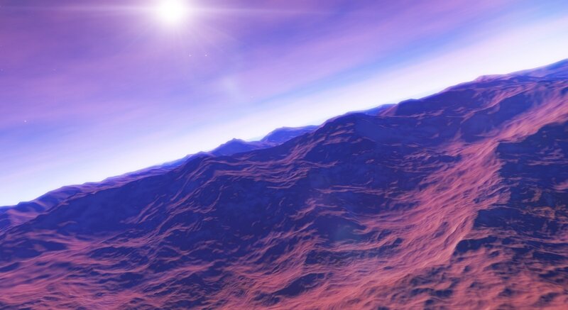 Purple mountain landscape under bright sun