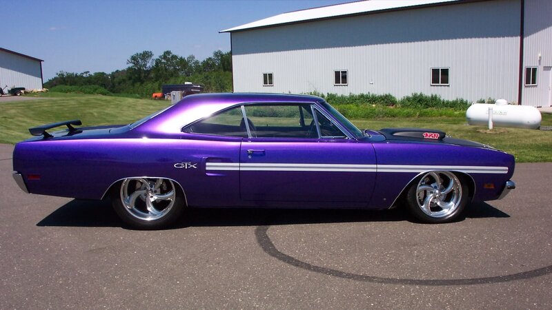Purple Muscle Car — Calm, Afternoon, Photograph, Building