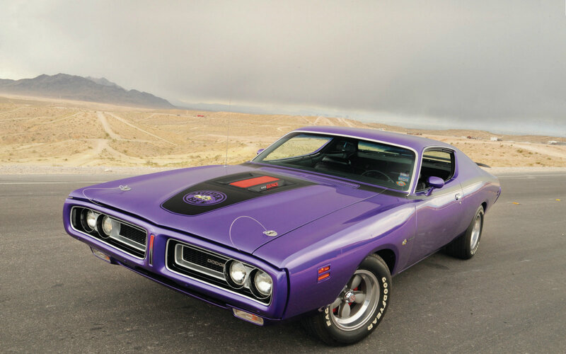 Purple Muscle Car — Dramatic, Photograph, Desert, Mountains