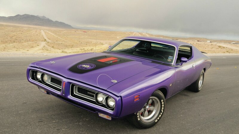 Purple Muscle Car — Dramatic, Photograph, Desert, Road, Mountains, Black