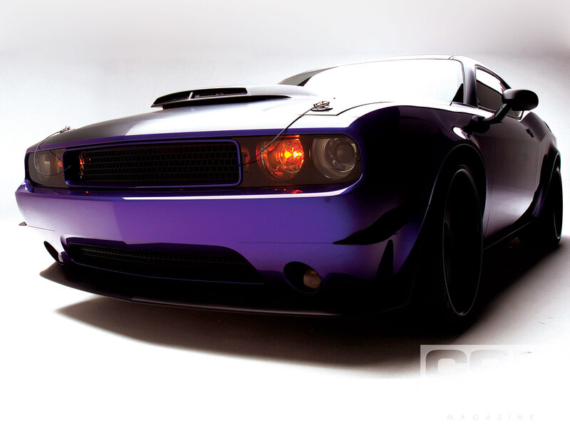 Purple Muscle Car — Dramatic, Photograph, Headlights