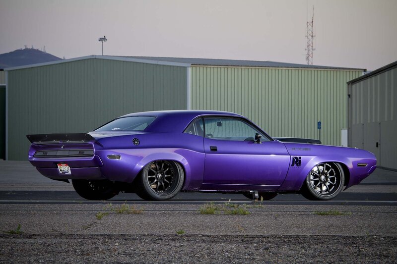 Purple Muscle Car — Dramatic, Sunset, Photograph, Building