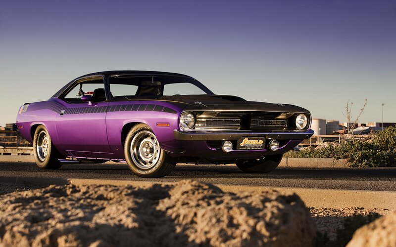 Purple Muscle Car — Dramatic, Sunset, Photograph, Road