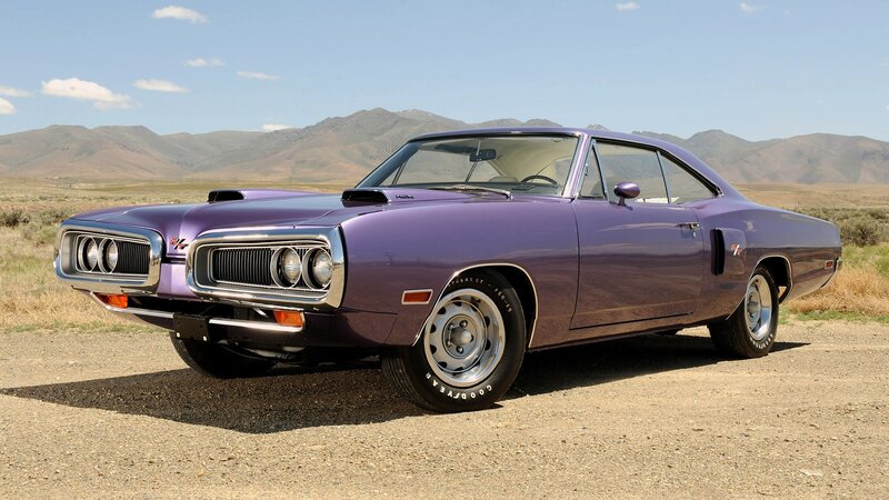 Purple muscle car in desert