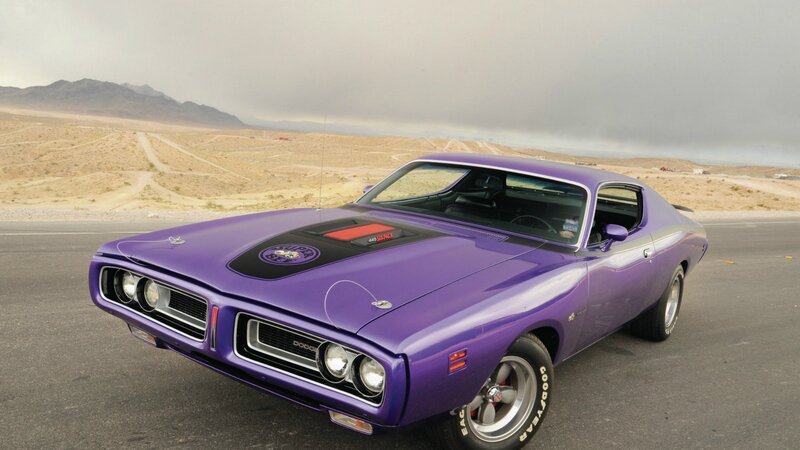 Purple muscle car in desert