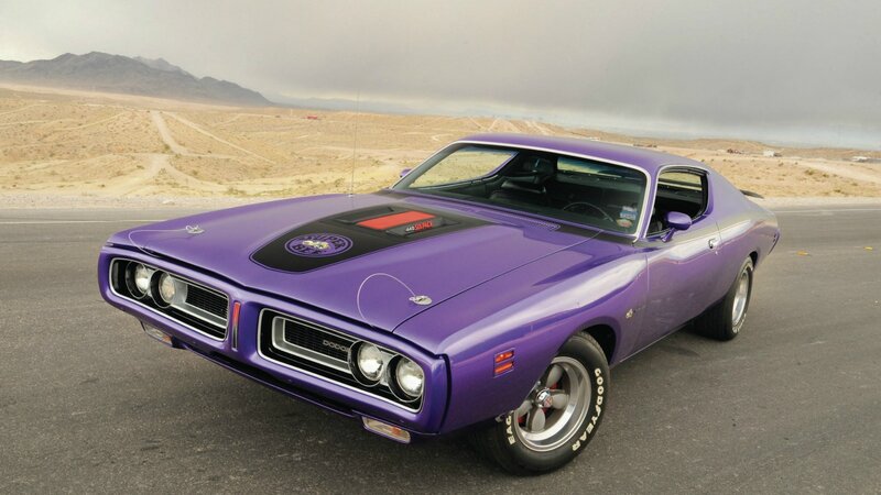 purple muscle car in desert