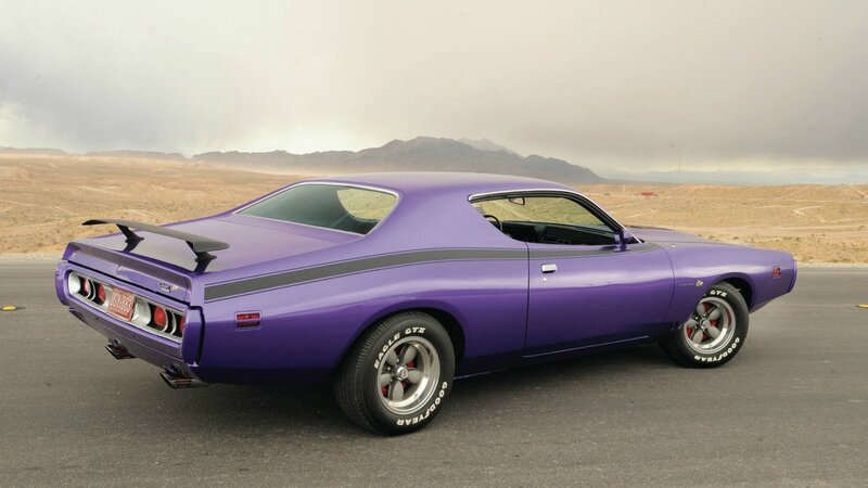 Purple muscle car in desert