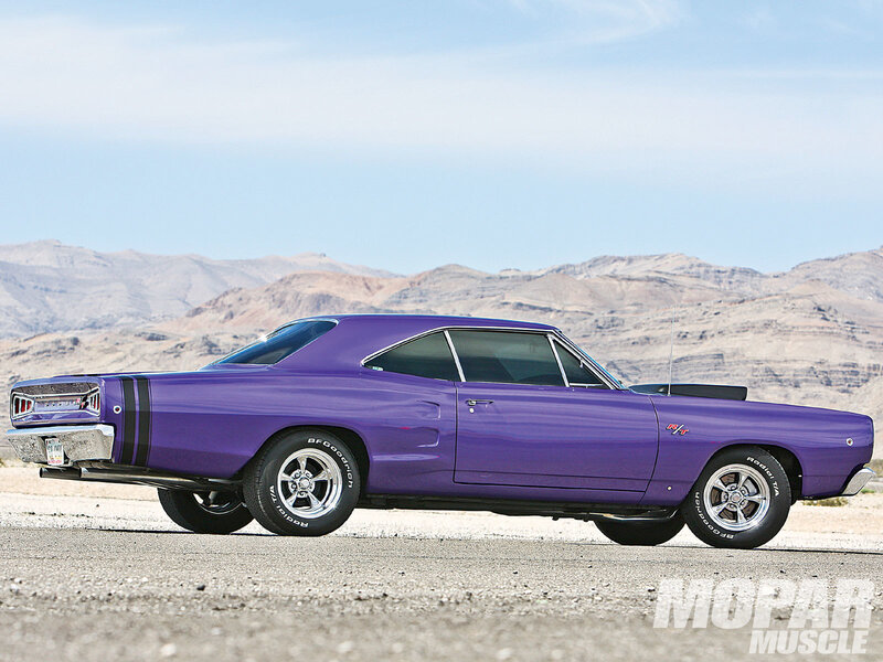 Purple muscle car in desert