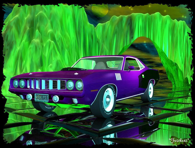 Purple muscle car in neon landscape