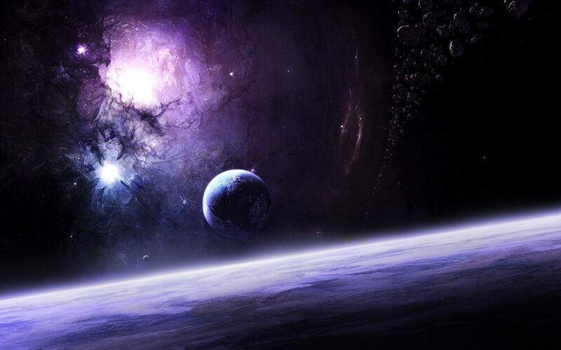 Purple nebula and planet
