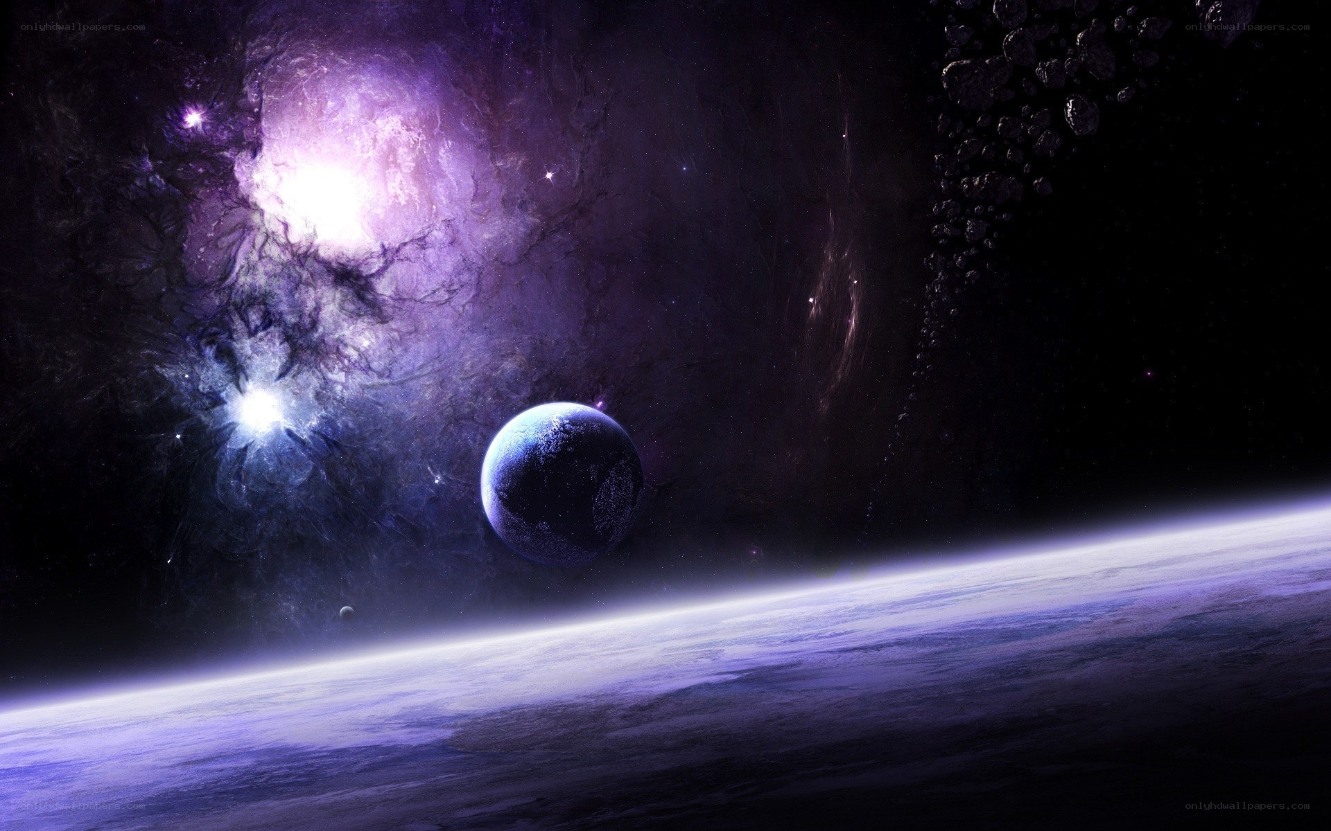 Purple nebula and planet