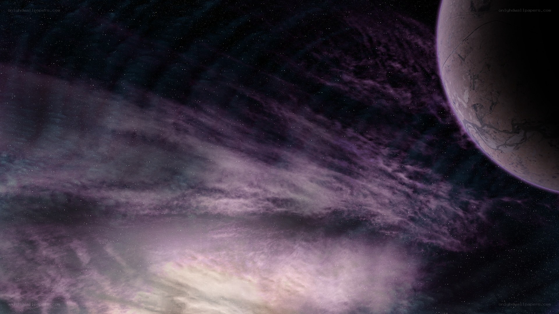 Purple nebula and planet