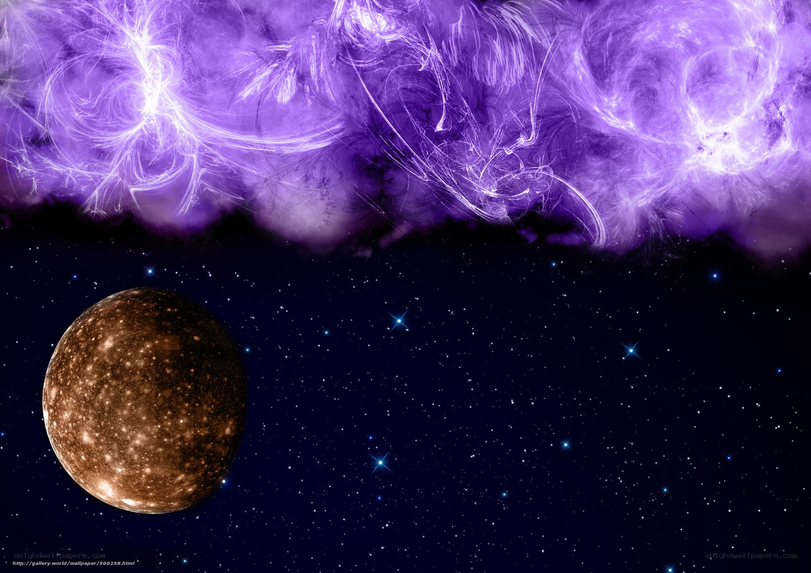 Purple nebula and planet