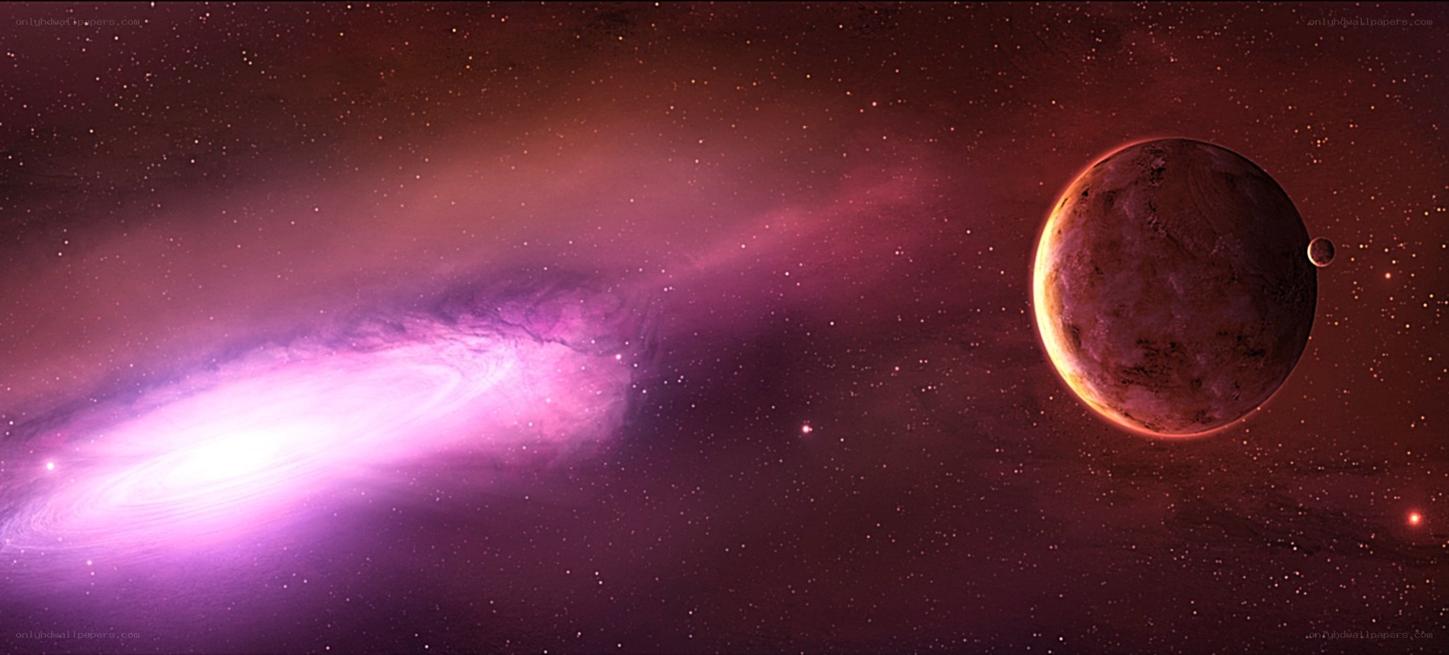Purple nebula and planets