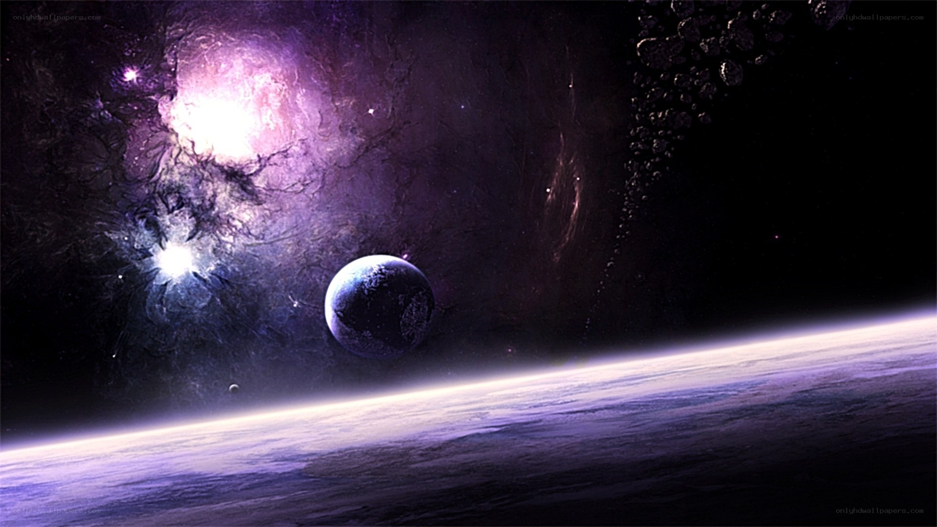 Purple nebula with planet