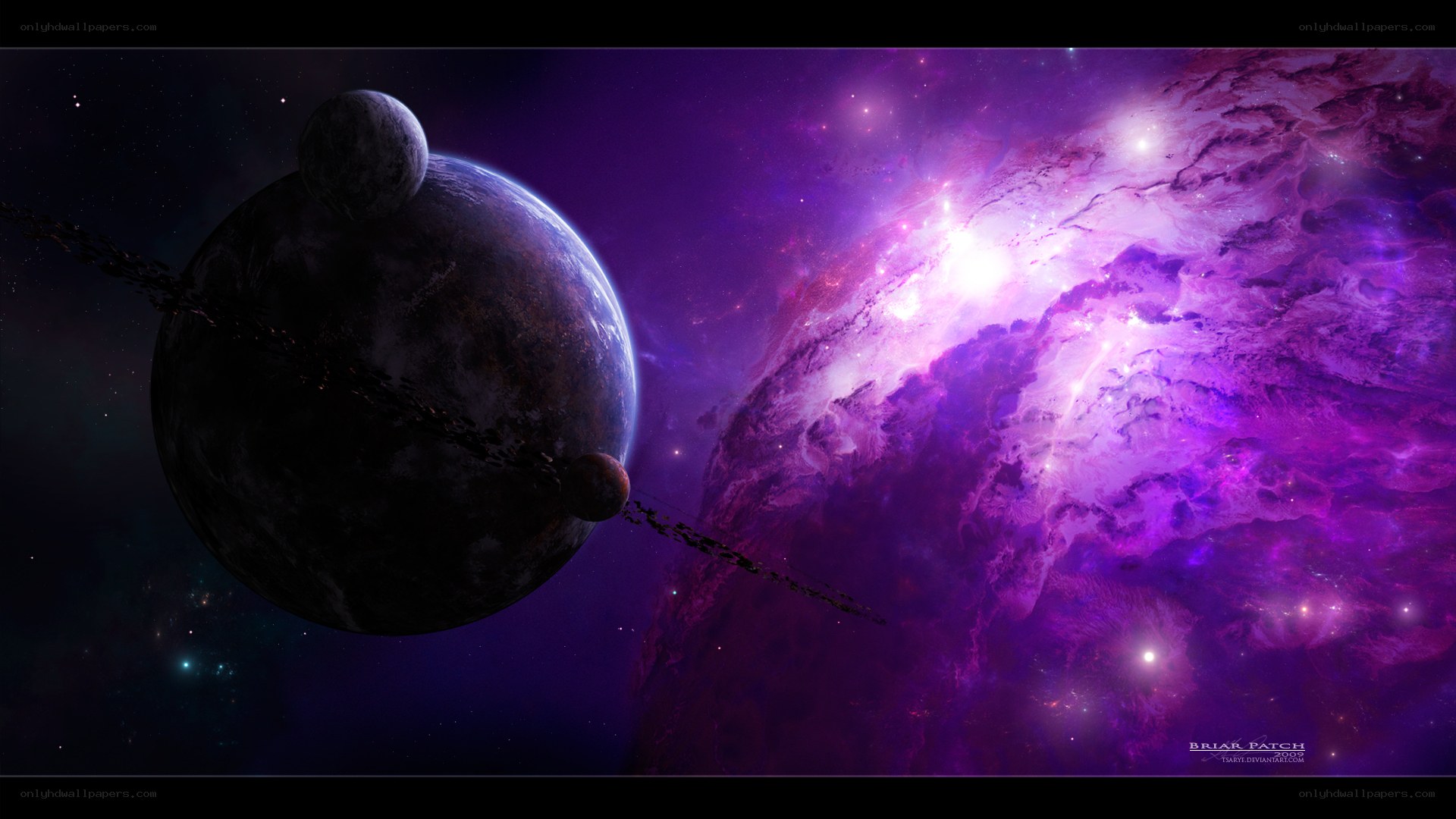 Purple nebula with planets