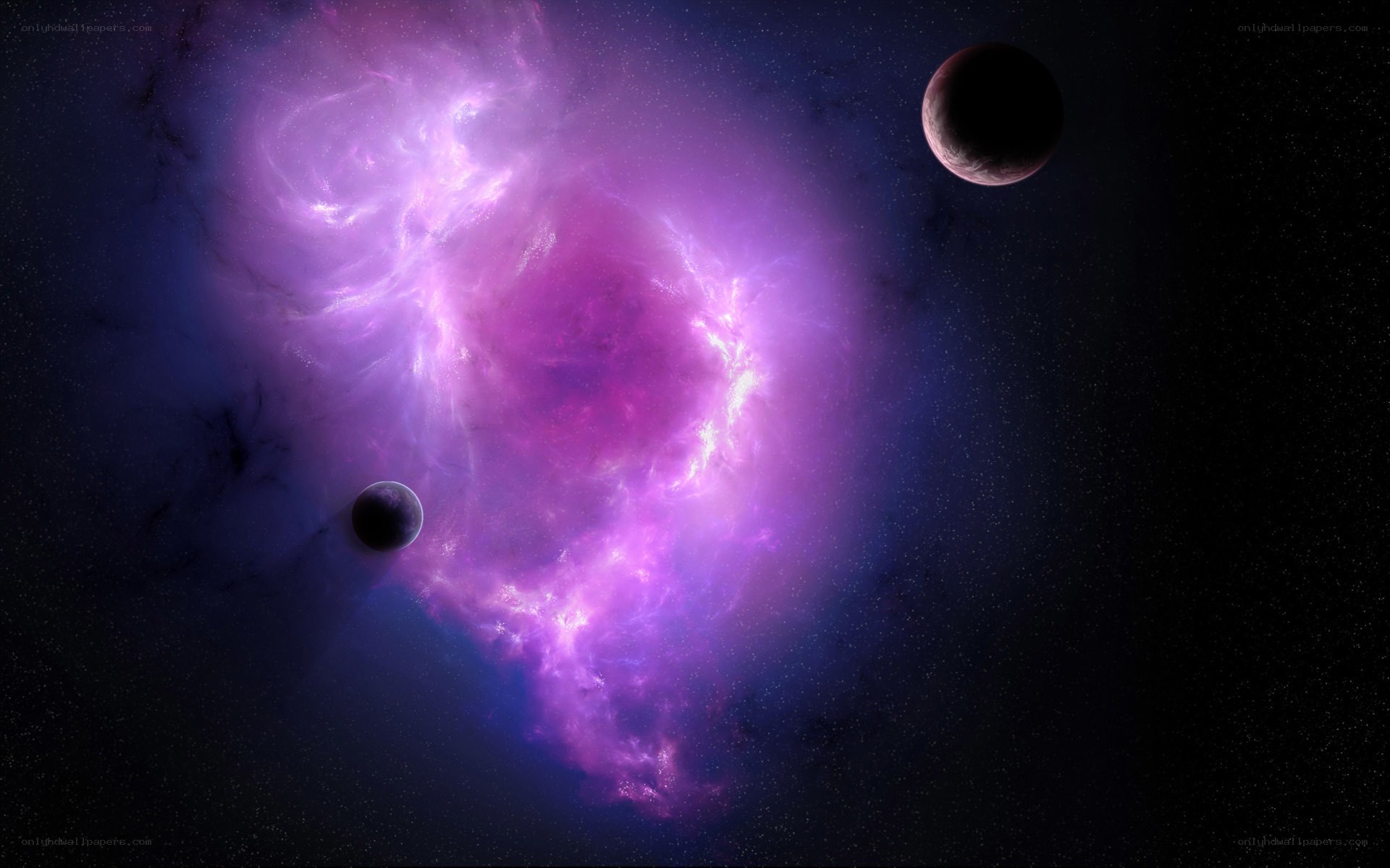 Purple nebula with planets