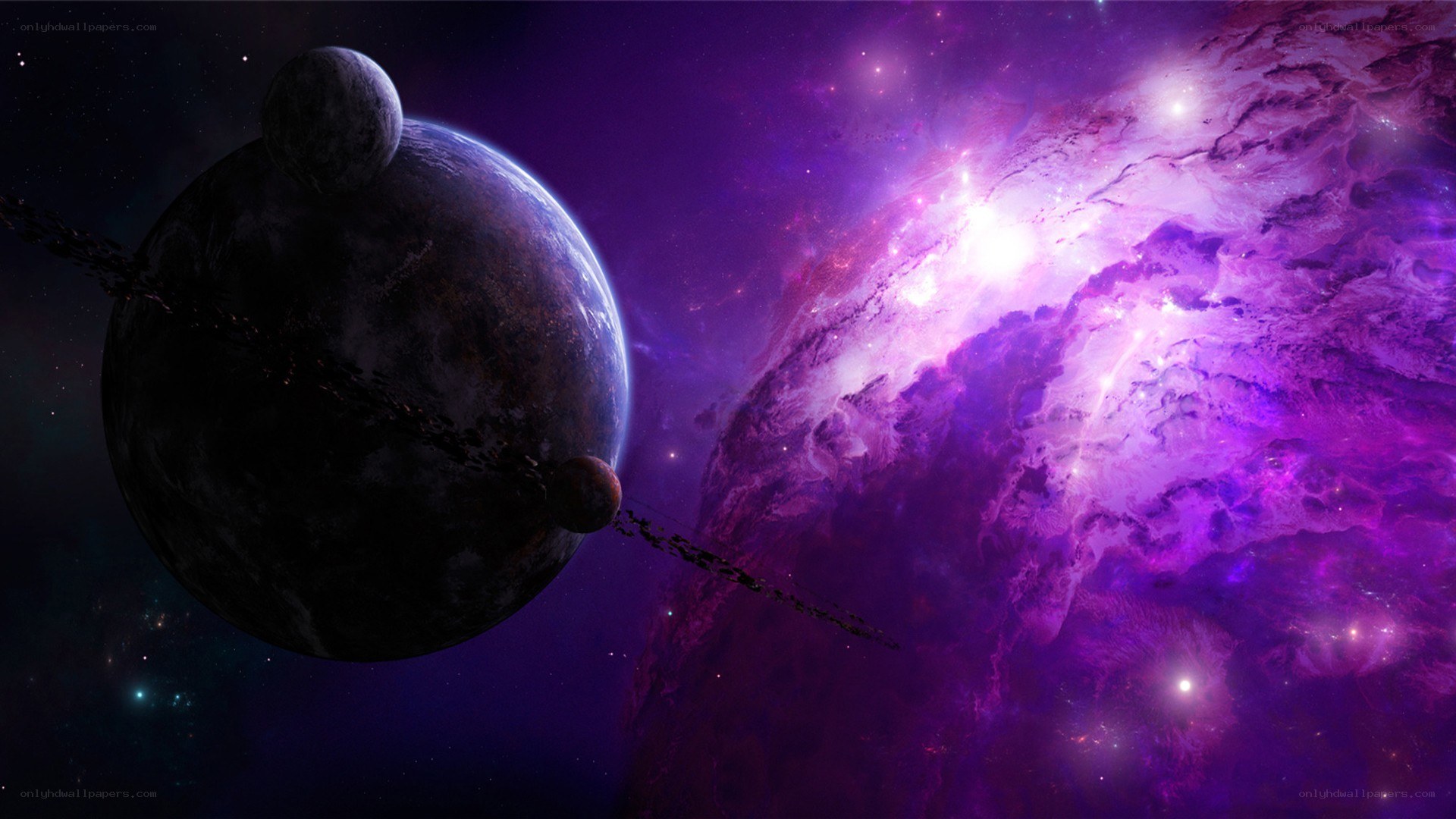 Purple nebula with planets