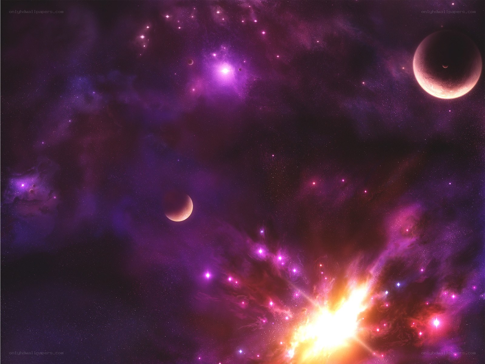 Purple nebula with planets