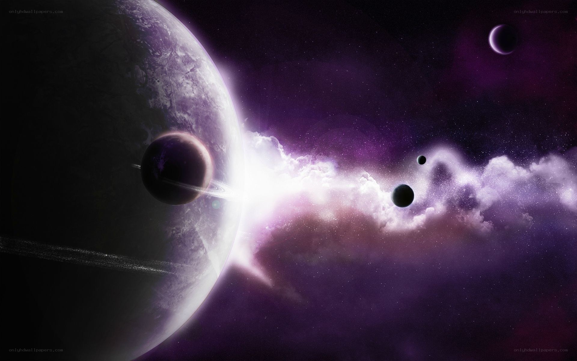 Purple nebula with planets