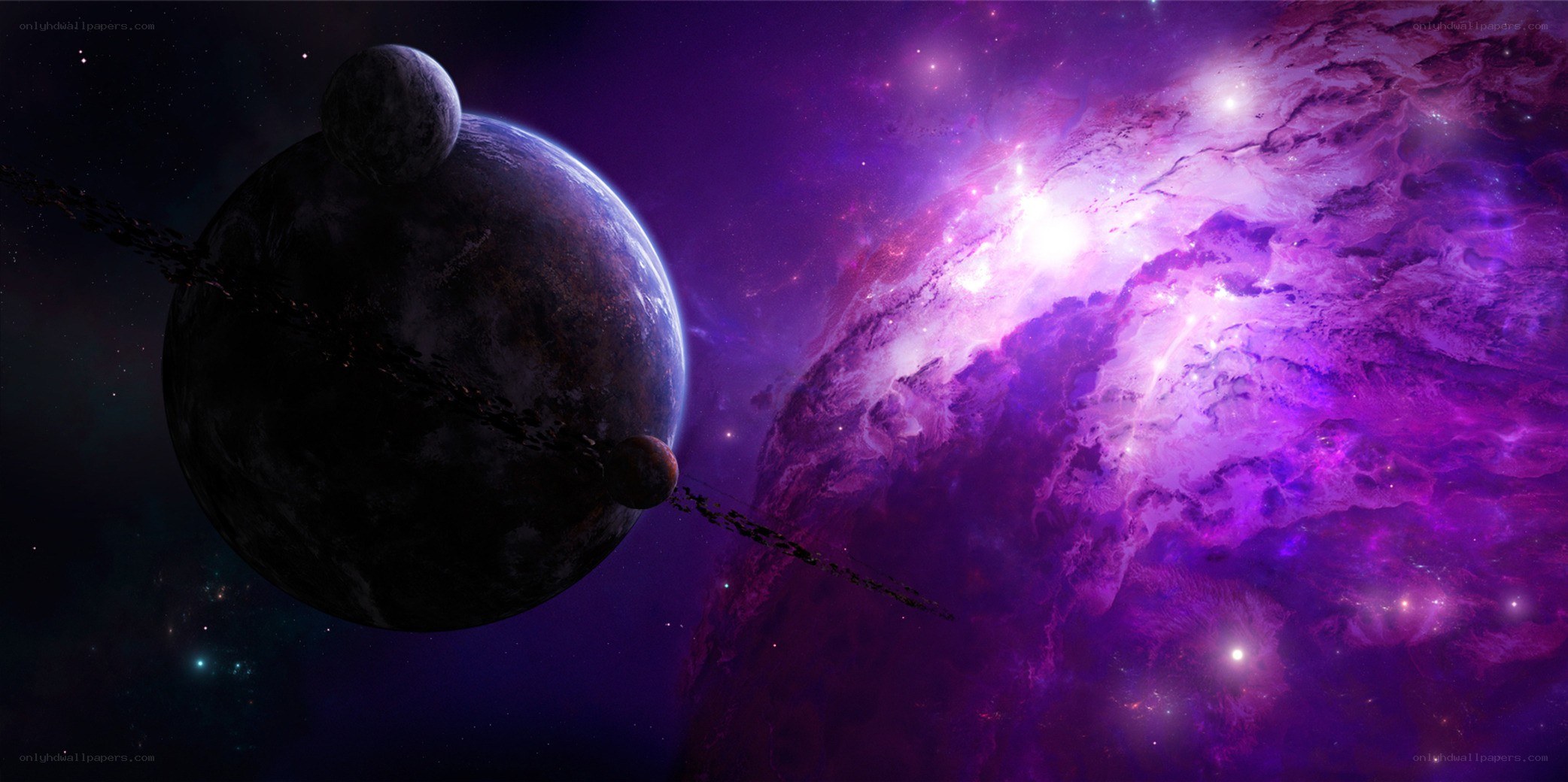 Purple nebula with planets