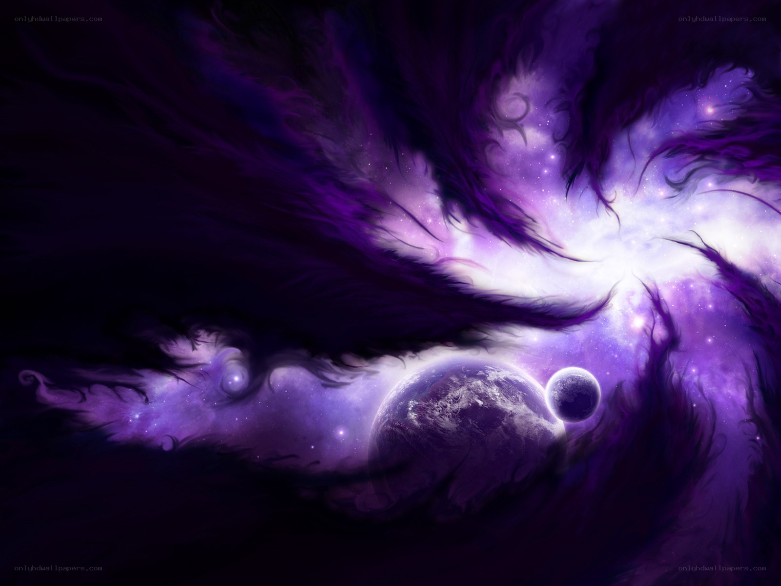 Purple nebula with planets