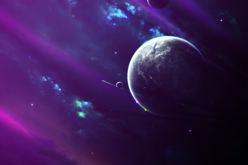 Purple nebula with planets