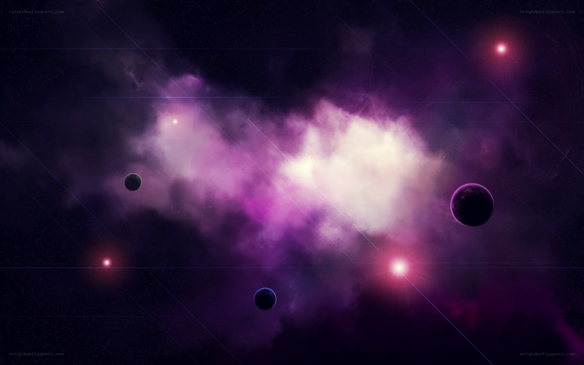 purple nebula with planets