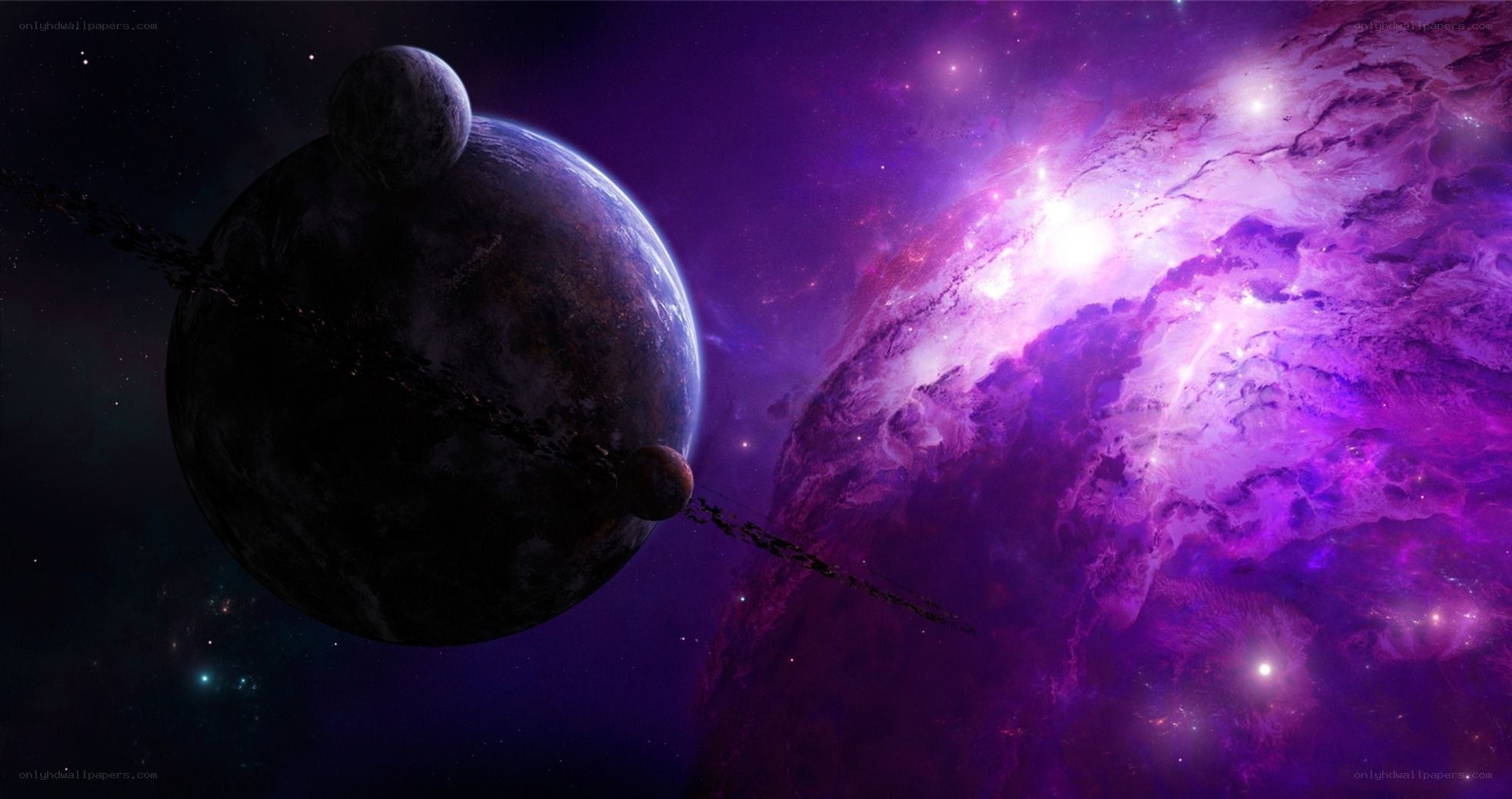 Purple nebula with planets