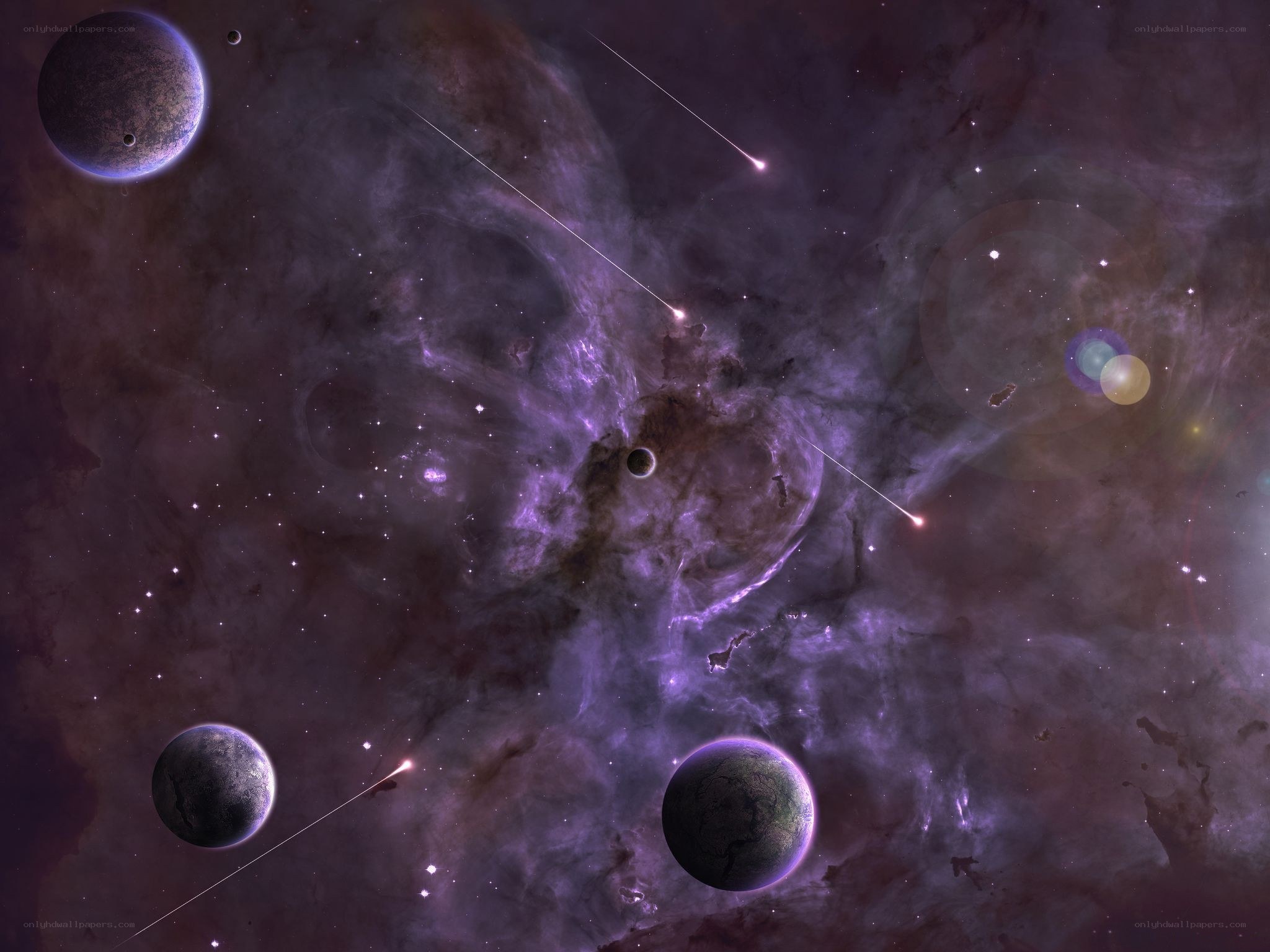 Purple nebula with planets