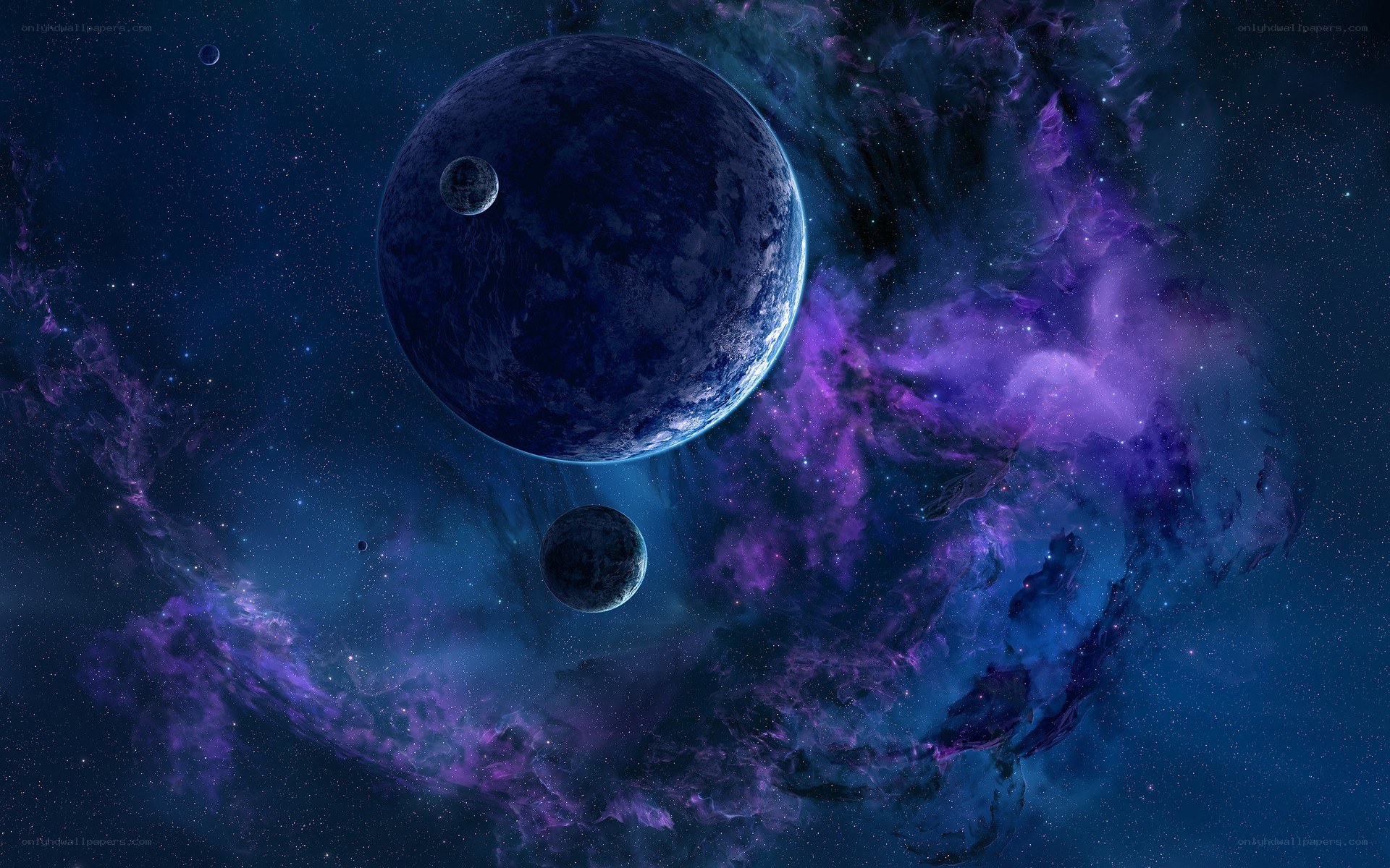 Purple nebula with planets