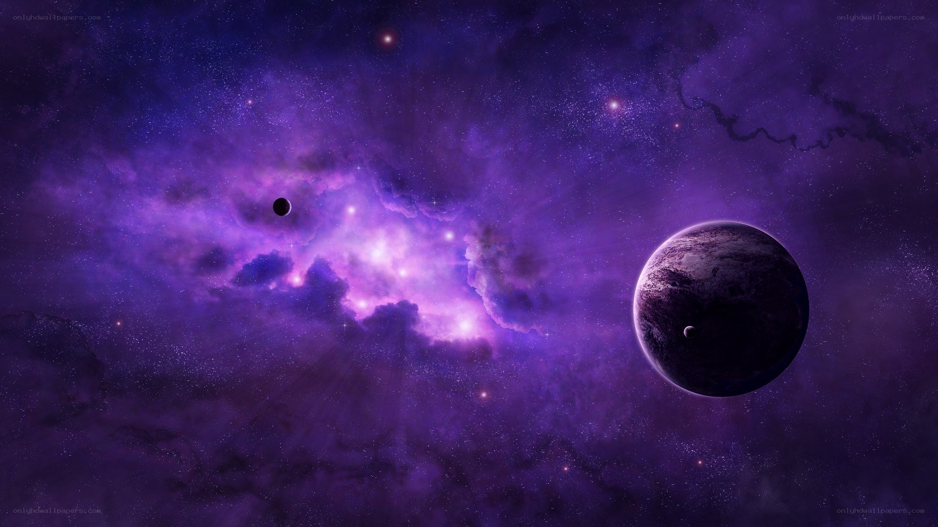 Purple nebula with planets