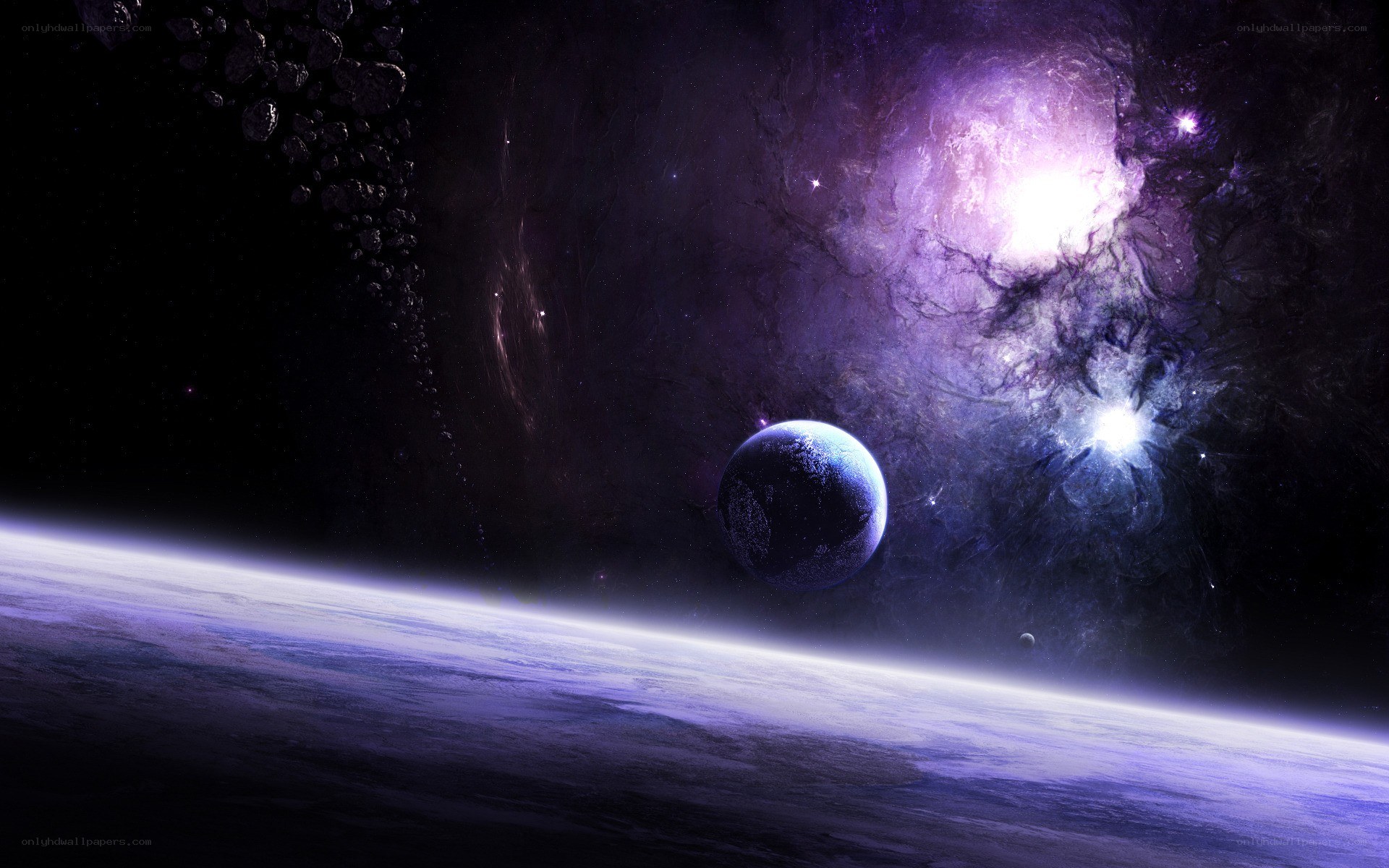 Purple nebula with planets