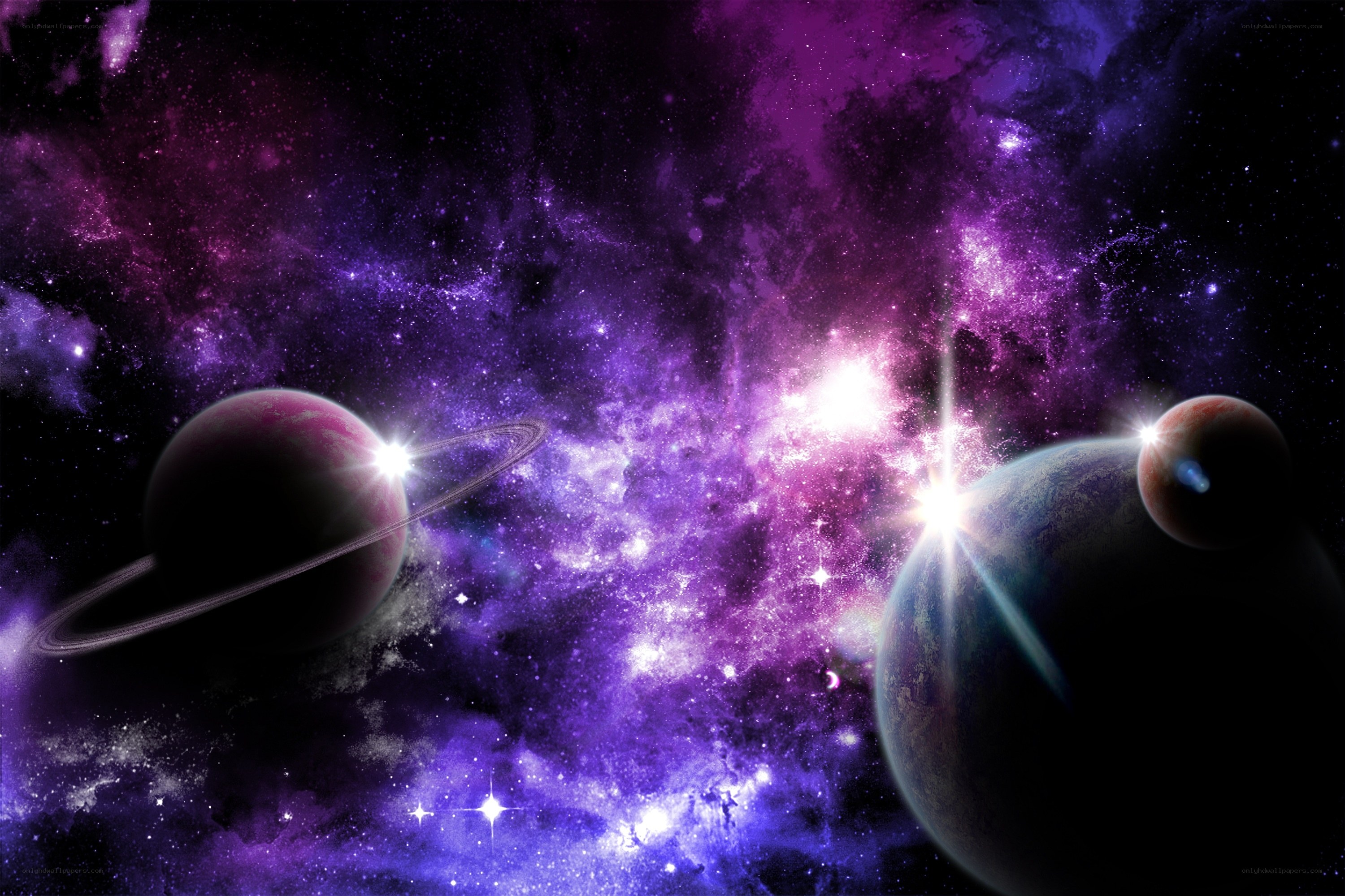 Purple nebula with planets