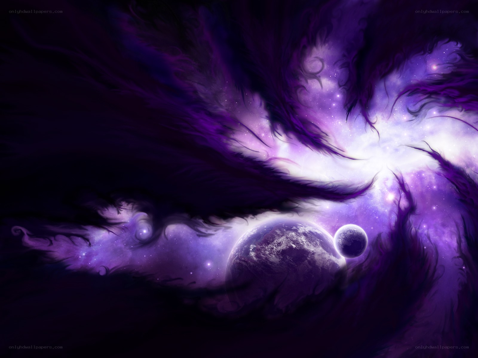 Purple nebula with planets