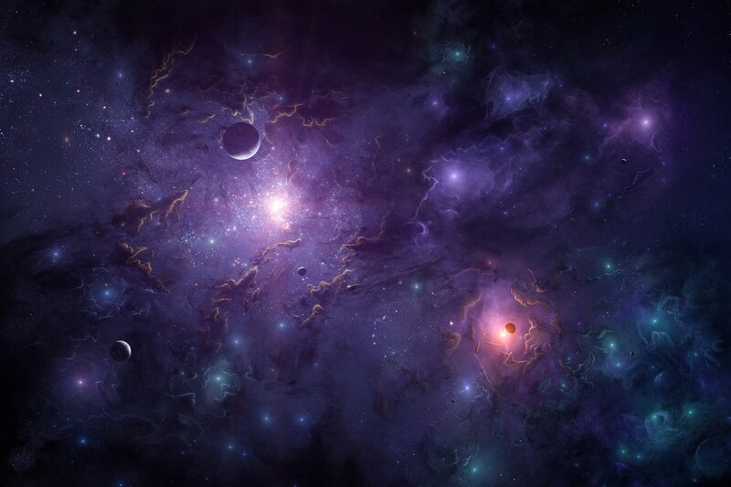 Purple Nebula with Planets — Cosmic, Night, Digital Art, Stars, Gas Clouds