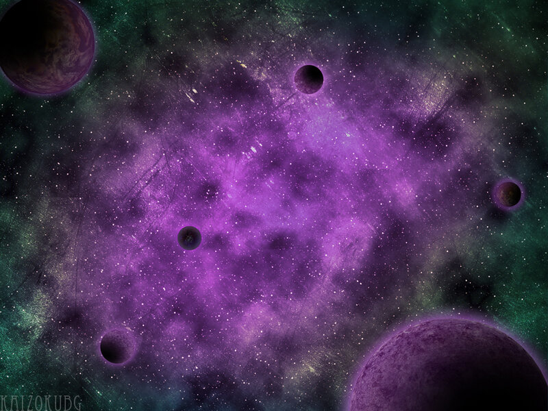 Purple Nebula with Planets — Cosmic, Night, Digital Art, Stars, Green