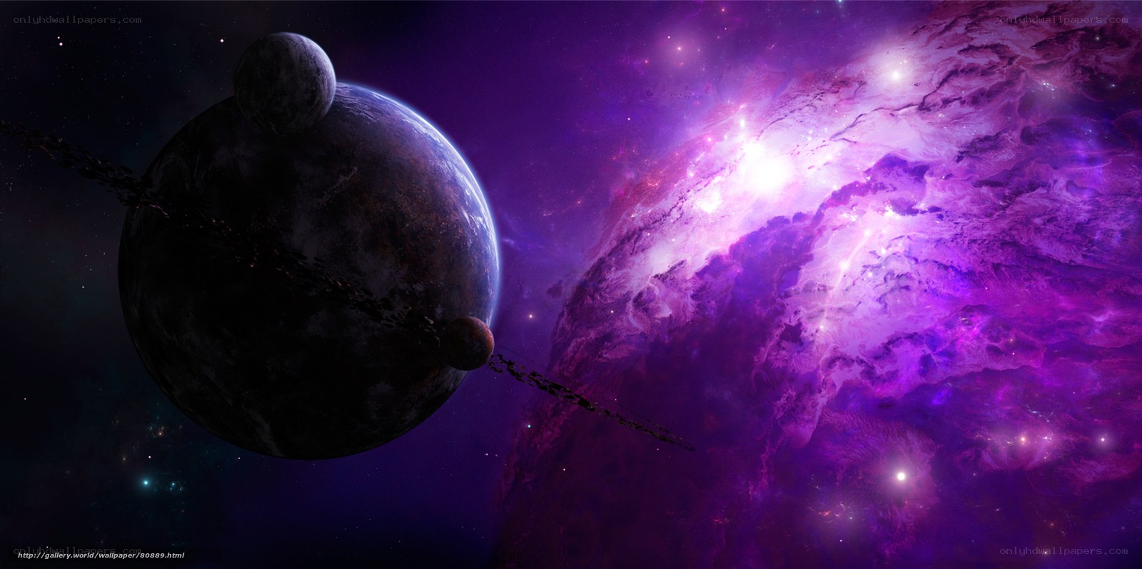 Purple nebula with planets