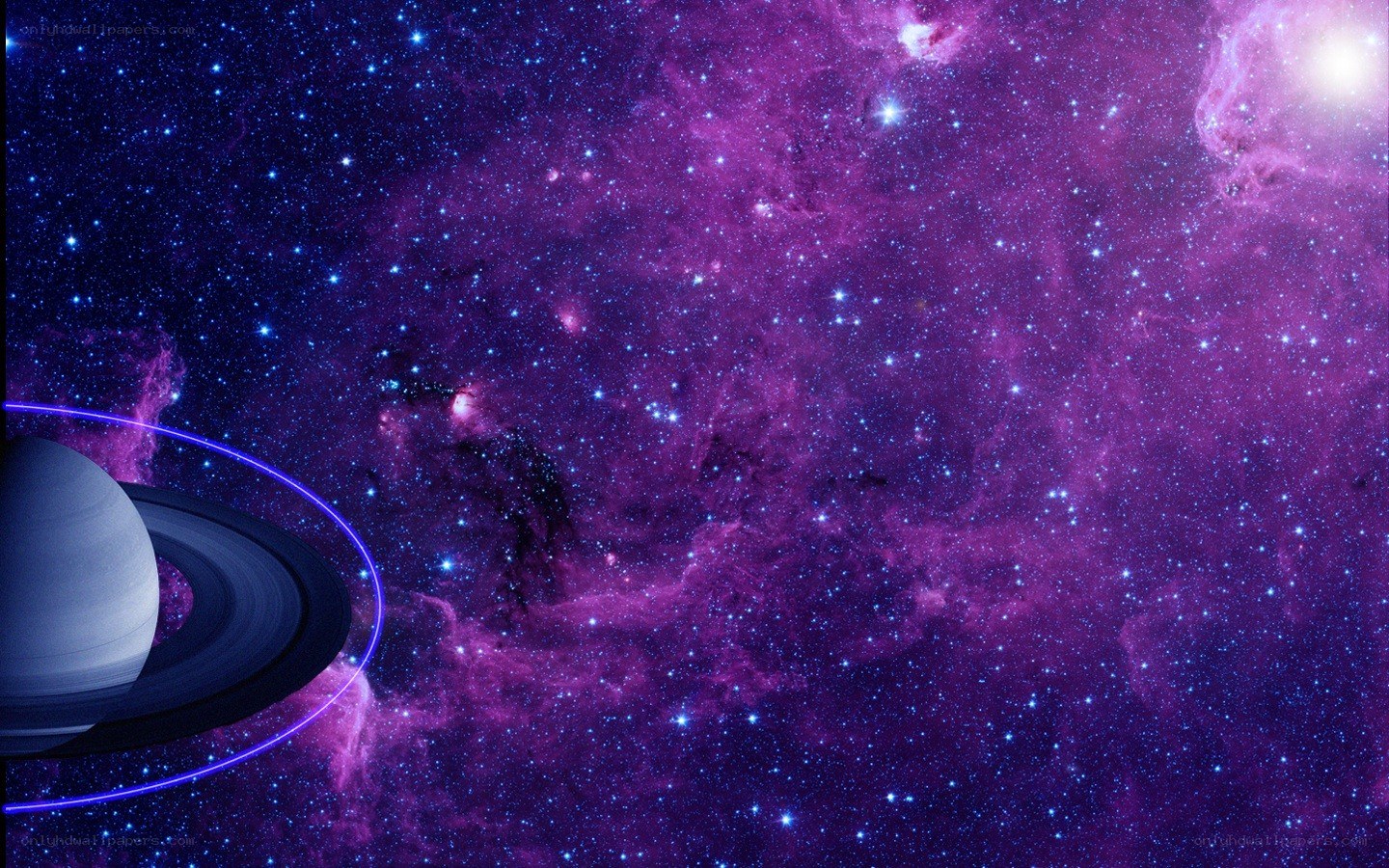 Purple nebula with ringed planet
