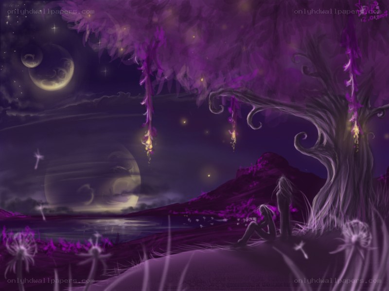 Purple night under a magical tree