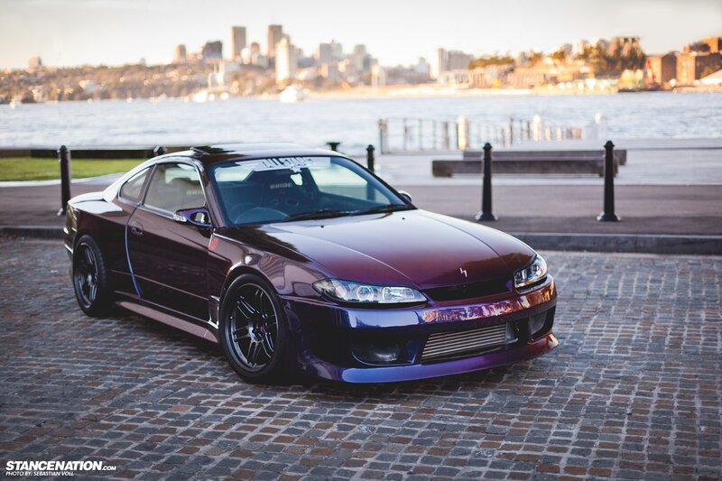 Purple Nissan S15 on cobblestones