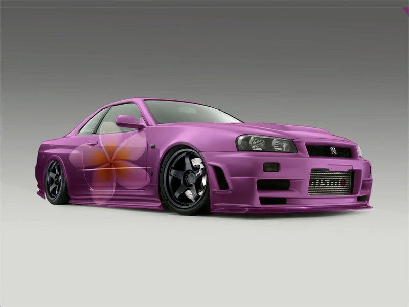 purple nissan skyline with flower decal