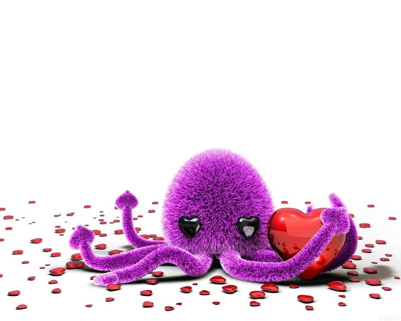 Purple Octopus Holding Heart — Playful, 3d Render, Tentacles