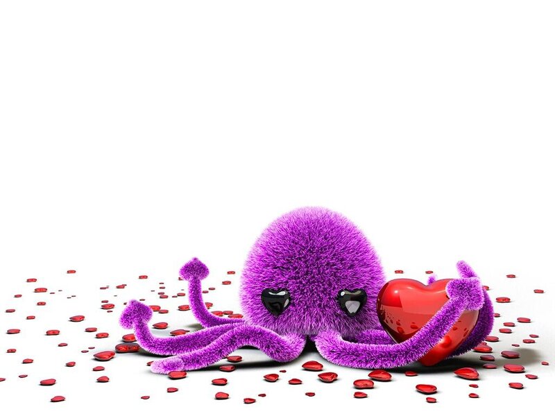 Purple Octopus Holding Heart — Playful, 3d Render