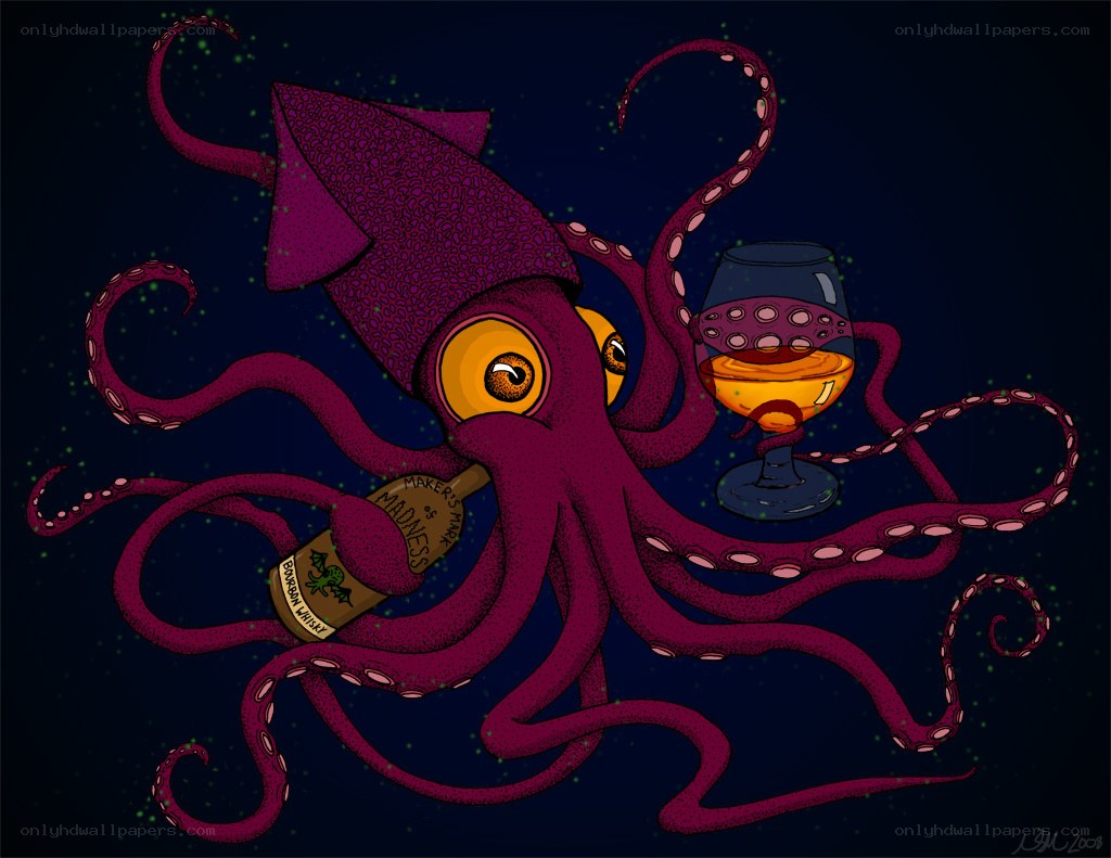 purple octopus with drinks