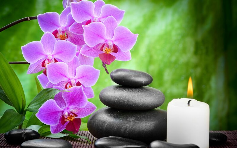 Purple Orchid Flowers — Serene, Photograph, Candle, Rocks